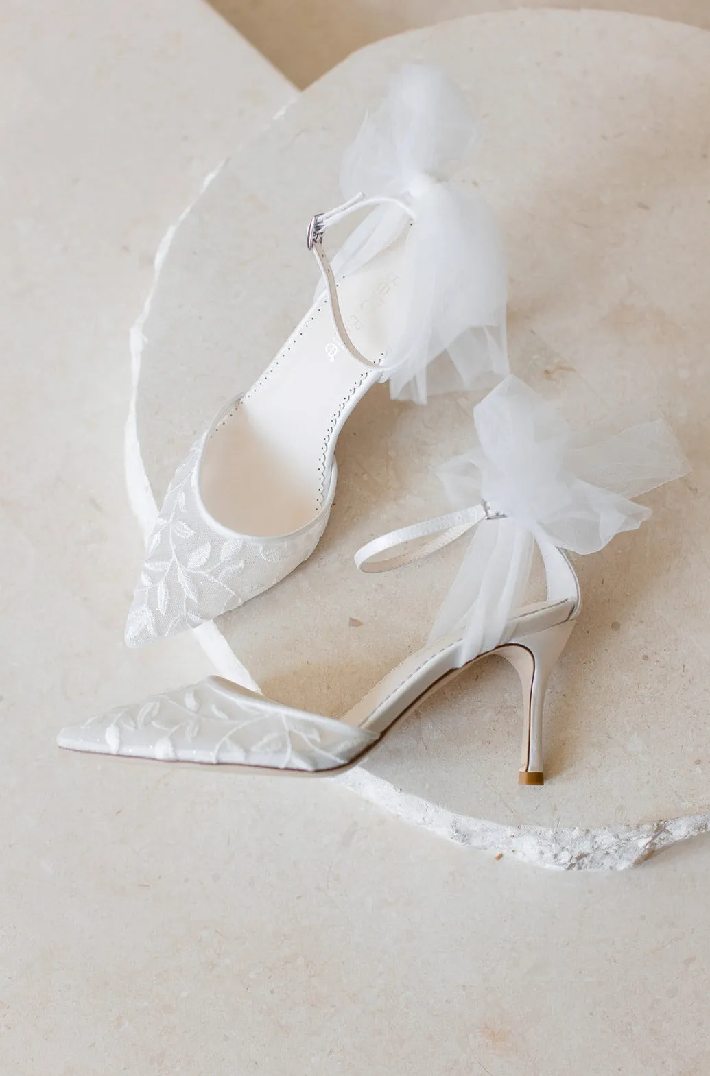 Joselyn - Vine Embroidered Ivory Lace Heels with Ankle Strap Tulle Bows