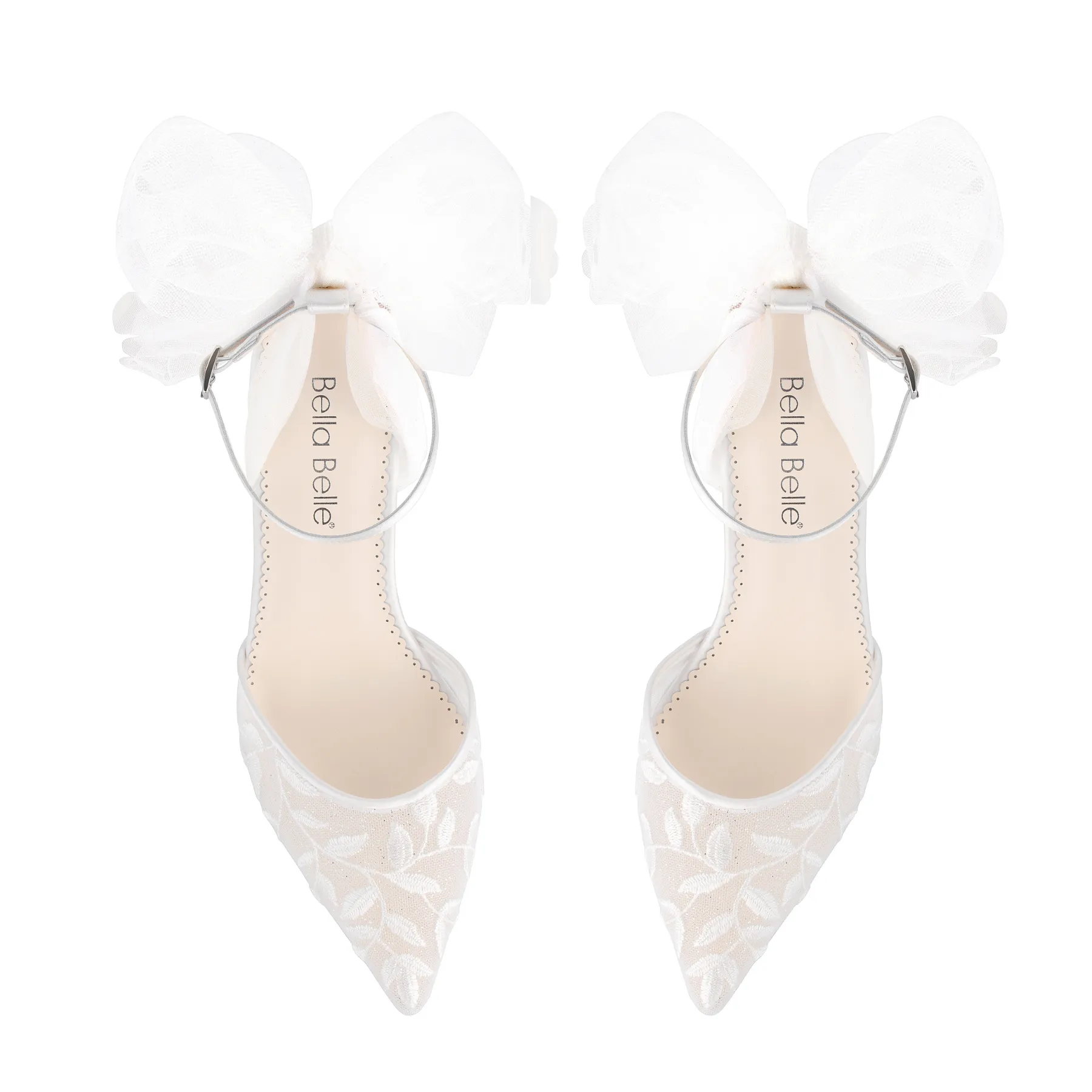 Joselyn - Vine Embroidered Ivory Lace Heels with Ankle Strap Tulle Bows