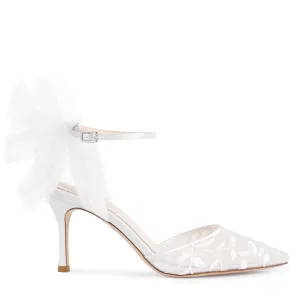 Joselyn - Vine Embroidered Ivory Lace Heels with Ankle Strap Tulle Bows