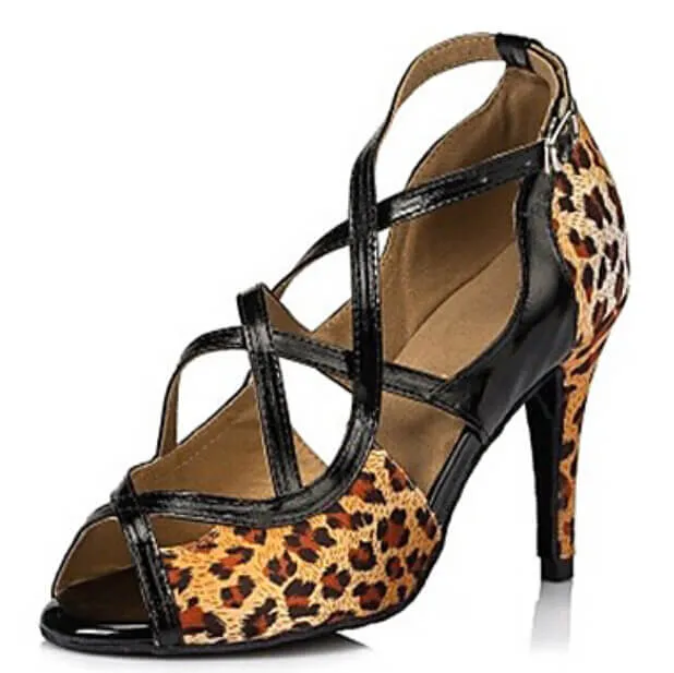 Leopard Satin Ballroom Dancing Shoes Strappy Latin Salsa Dance Shoes