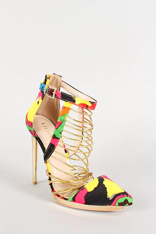 Liliana Camouflage Elastic Strappy Pointy Toe Heel