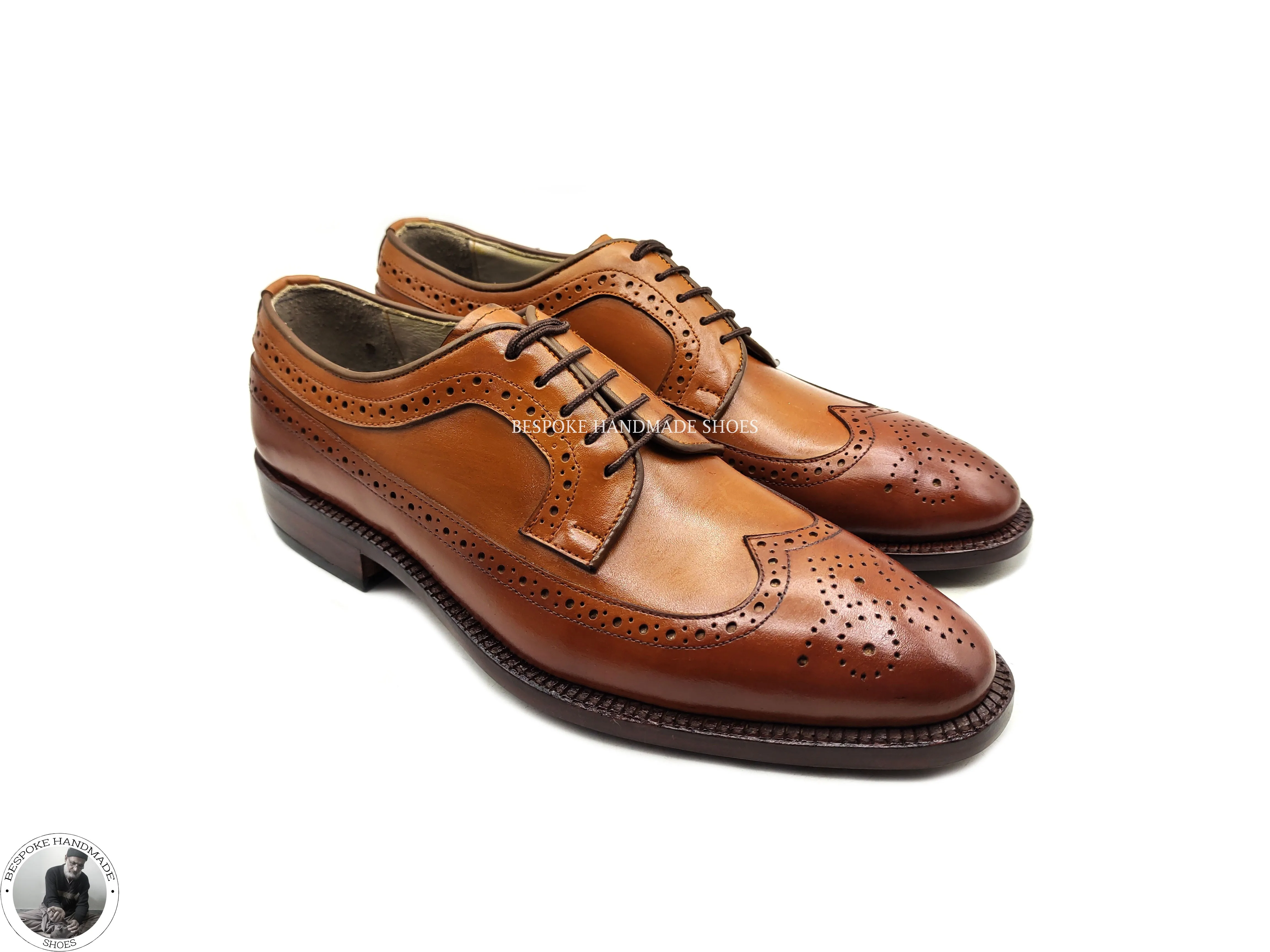 Men's Handmade Custom Made Shoes Brown Leather Oxford Wingtip Brogue Dress Shoes