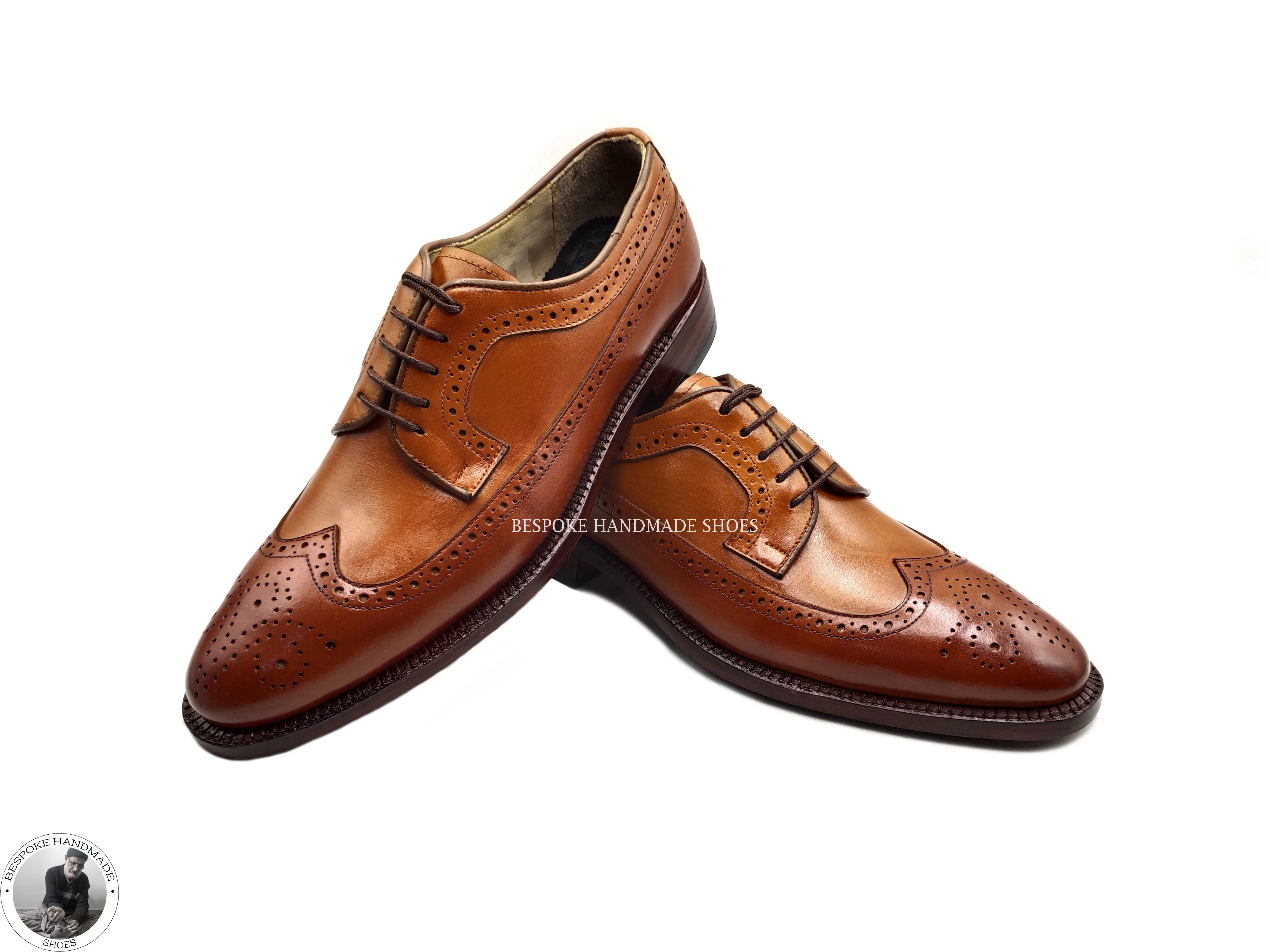 Men's Handmade Custom Made Shoes Brown Leather Oxford Wingtip Brogue Dress Shoes