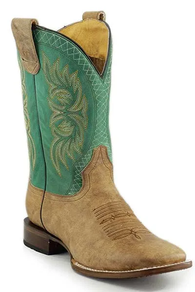 Men's Roper Footwear Burnished Tan Concealed Carry Broad Square Toe Boots with Turquoise Tops