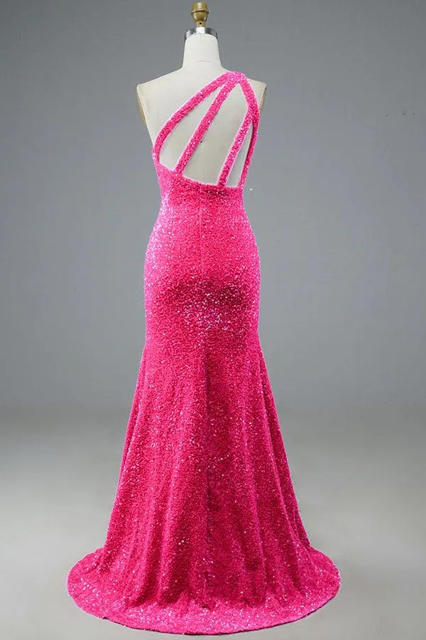 Mermaid Glitter One-Shoulder Backless Prom Dress With Sequins  PSK386