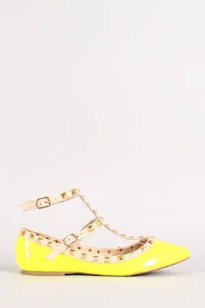 Neon Patent Pyramid Studded T-Strap Flat