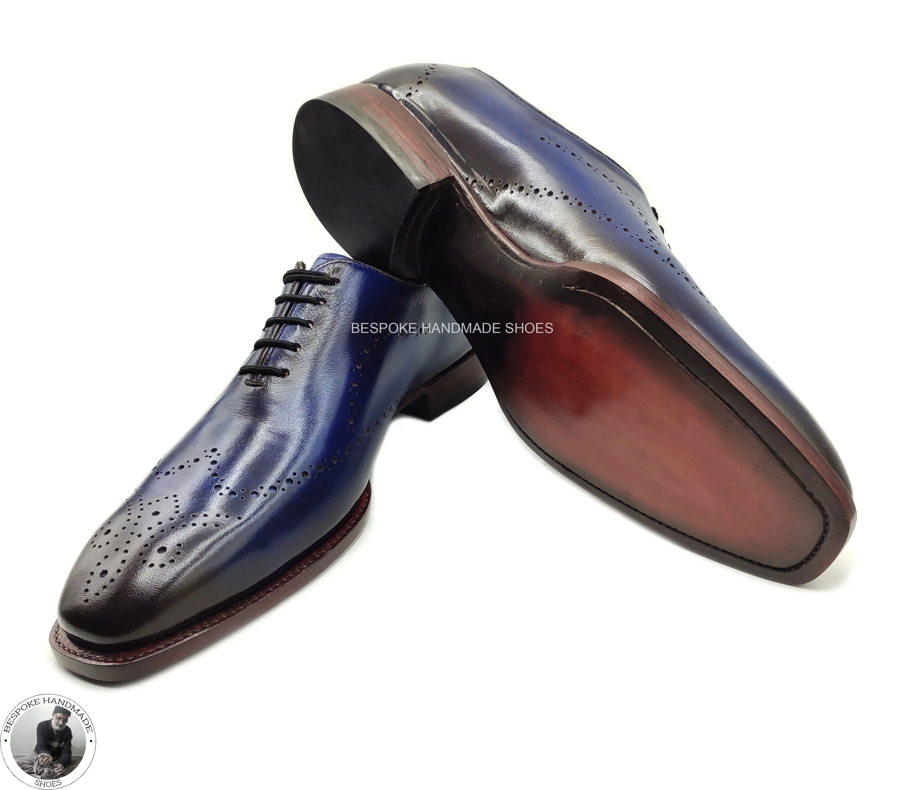 Perfect Quality Blue Leather Black Shaded Handcrafted Oxford Wingtip Lace up Shoes