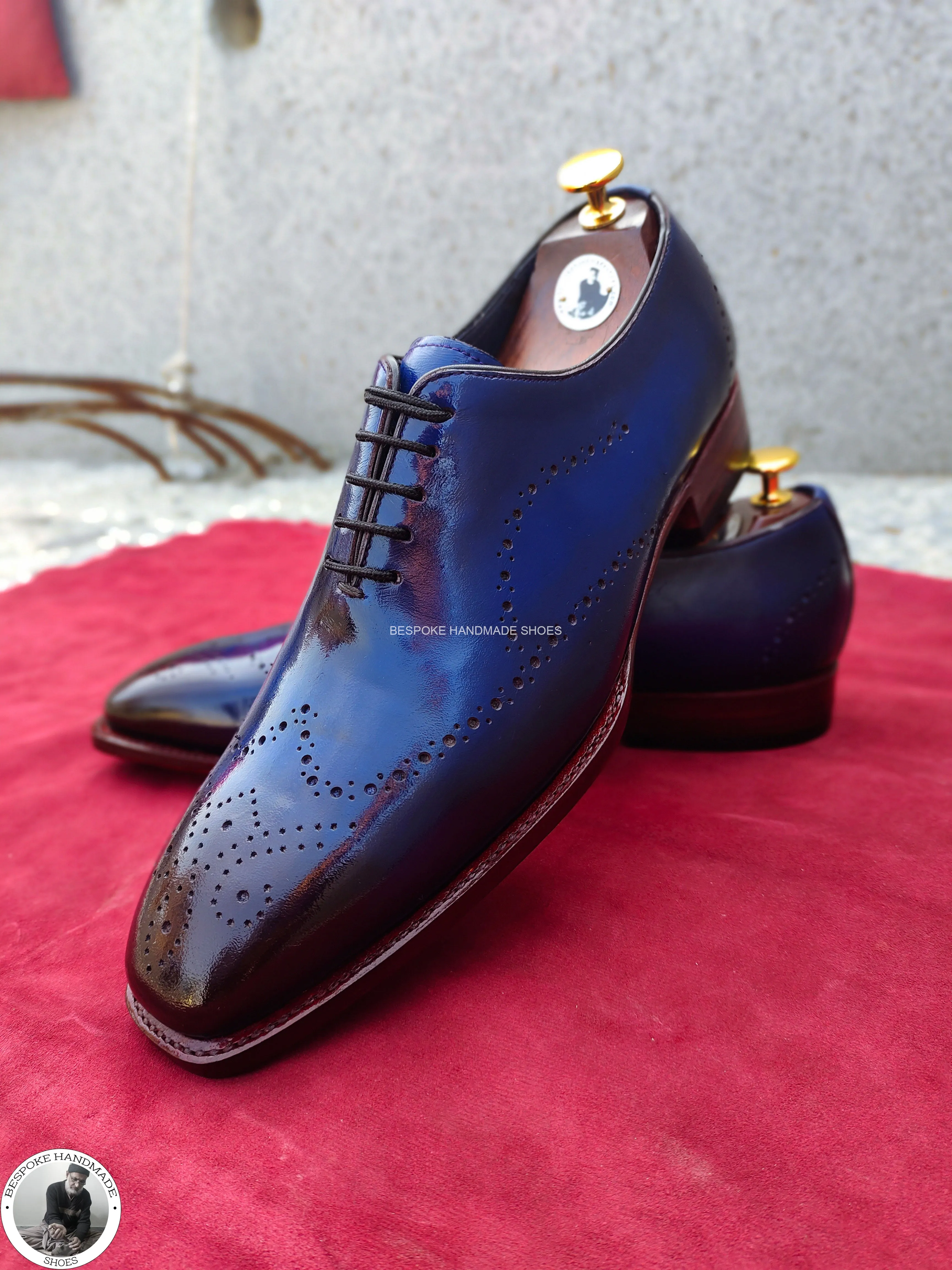 Perfect Quality Blue Leather Black Shaded Handcrafted Oxford Wingtip Lace up Shoes