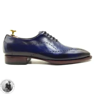 Perfect Quality Blue Leather Black Shaded Handcrafted Oxford Wingtip Lace up Shoes