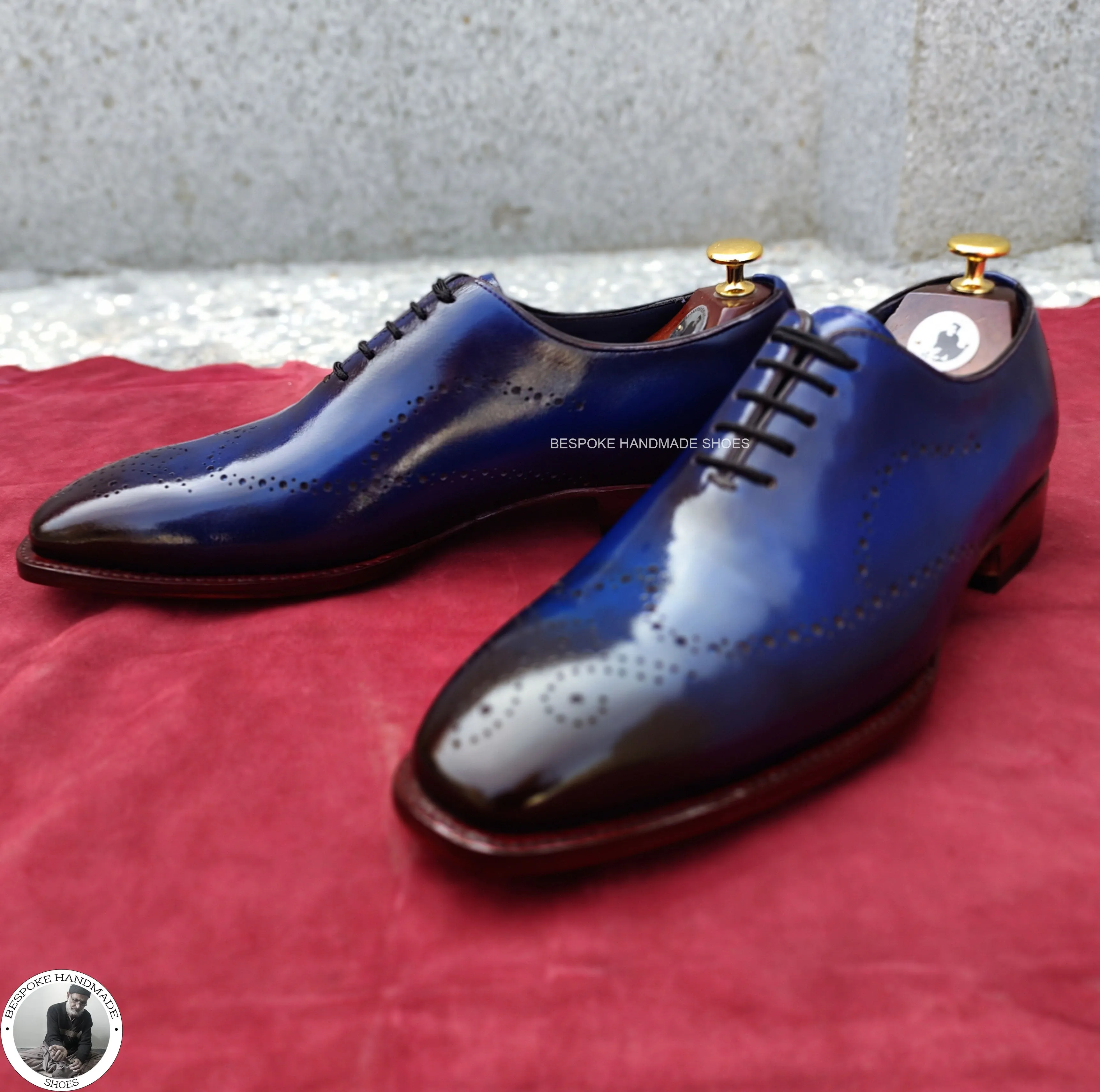 Perfect Quality Blue Leather Black Shaded Handcrafted Oxford Wingtip Lace up Shoes