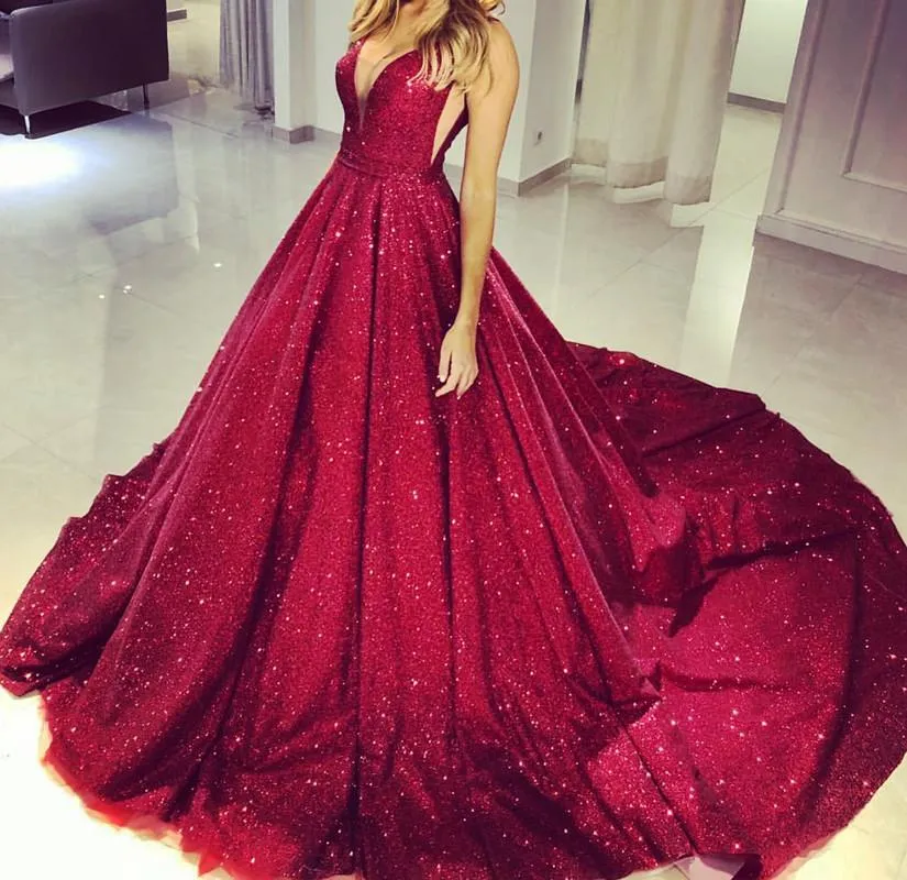 Plunge V-neck Ball Gowns Prom Sequins Dresses