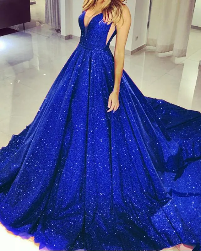 Plunge V-neck Ball Gowns Prom Sequins Dresses