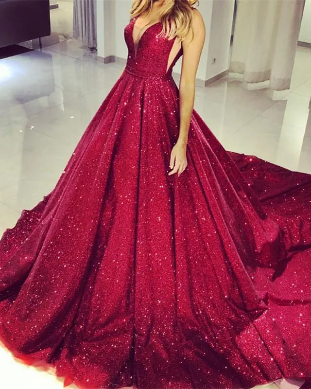 Plunge V-neck Ball Gowns Prom Sequins Dresses