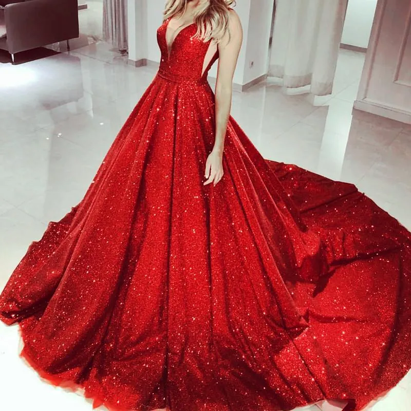 Plunge V-neck Ball Gowns Prom Sequins Dresses