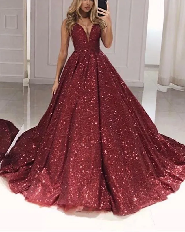 Plunge V-neck Ball Gowns Prom Sequins Dresses