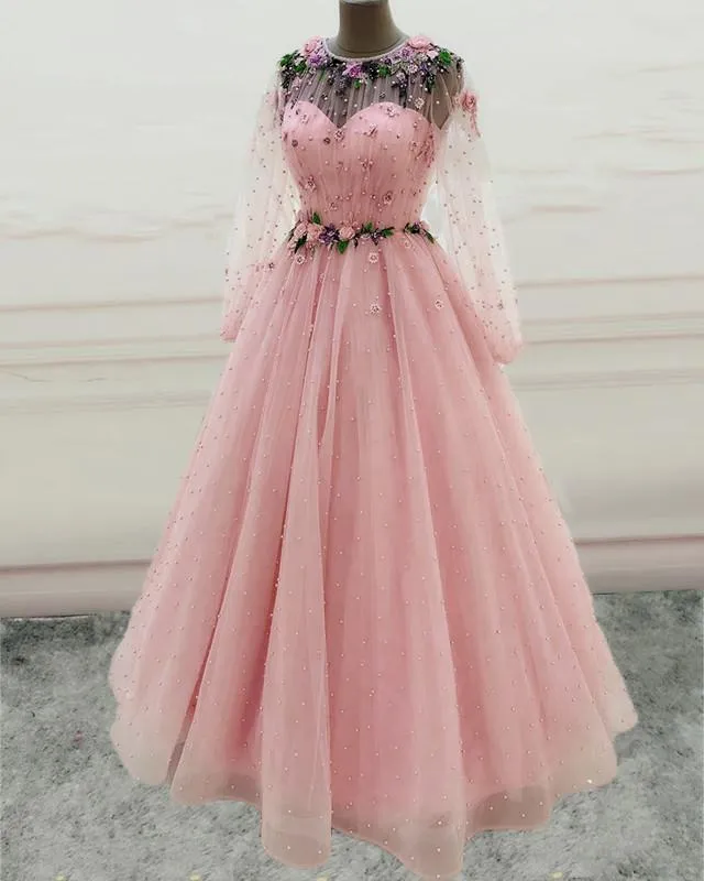 Princess Long Sleeves Prom Dresses Tulle Pearls Quinceanera Dress