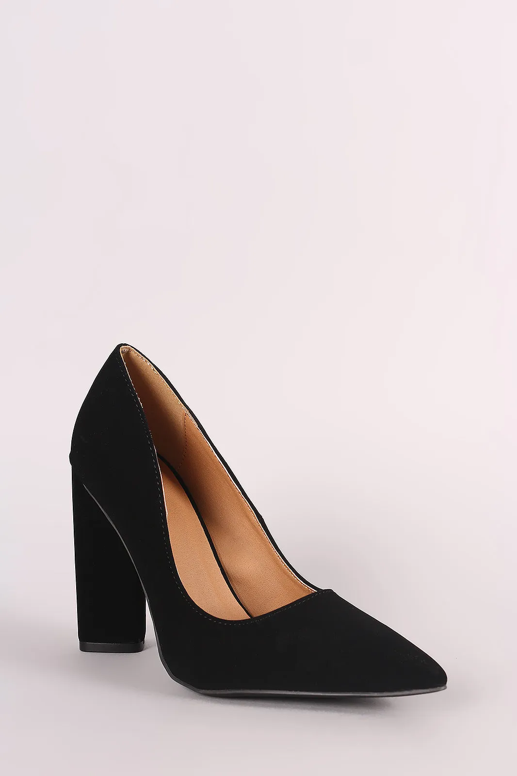 Qupid Nubuck Pointy Toe Chunky Heeled Pump