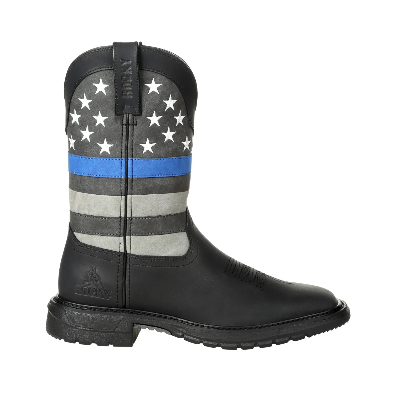 Rocky Mens Black Leather Blue Line Western Cowboy Boots