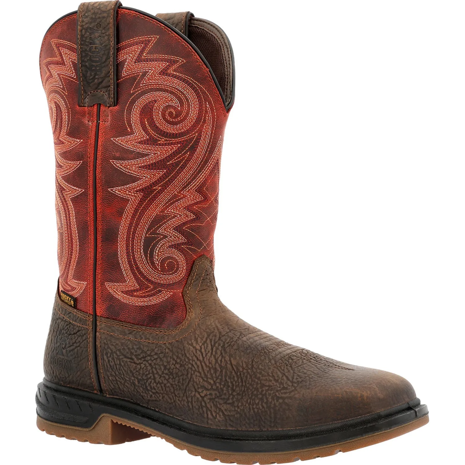 Rocky Mens Red/Dark Brown Leather WorkSmart 11in CT WP Cowboy Boots