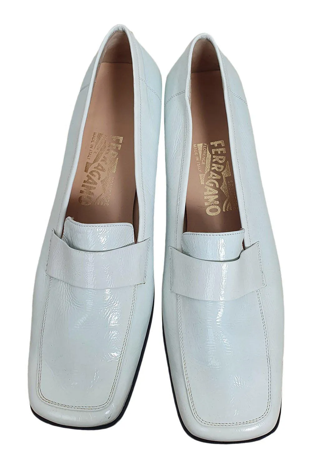 SALVATORE FERRAGAMO White Patent Leather Square Toe Court Shoes (US 9 B | UK 7)