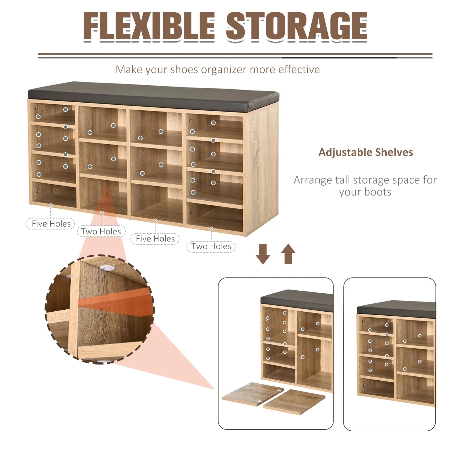 Shoe Bench - Multi-Storage Shoe Rack w/ 14 Compartments Cushion Moving Shelves Solid Frame