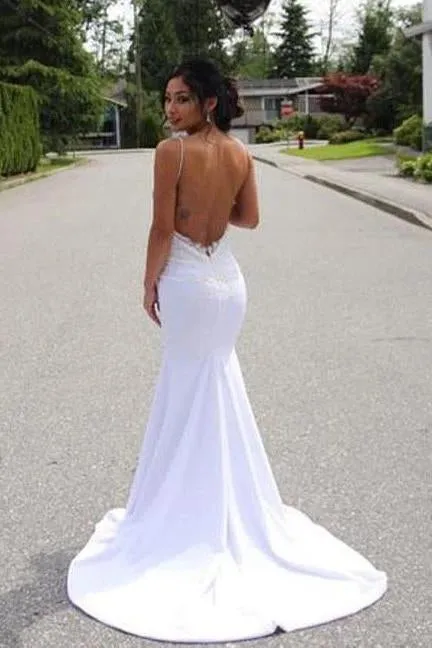 Spaghetti Straps Mermaid Wedding Dress with Lace Appliques, Backless Bridal Dresses UQ2508