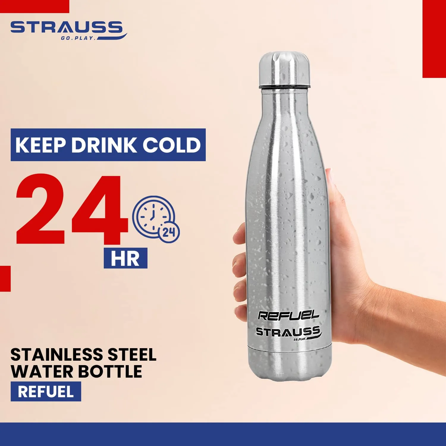 Strauss Refuel Steel Water Bottle | Leak Proof & Rust Free | Ideal for Office, Gym, Sports, Kitchen, Hiking, Trekking & Travel | Vacuum Insulated,(Silver)