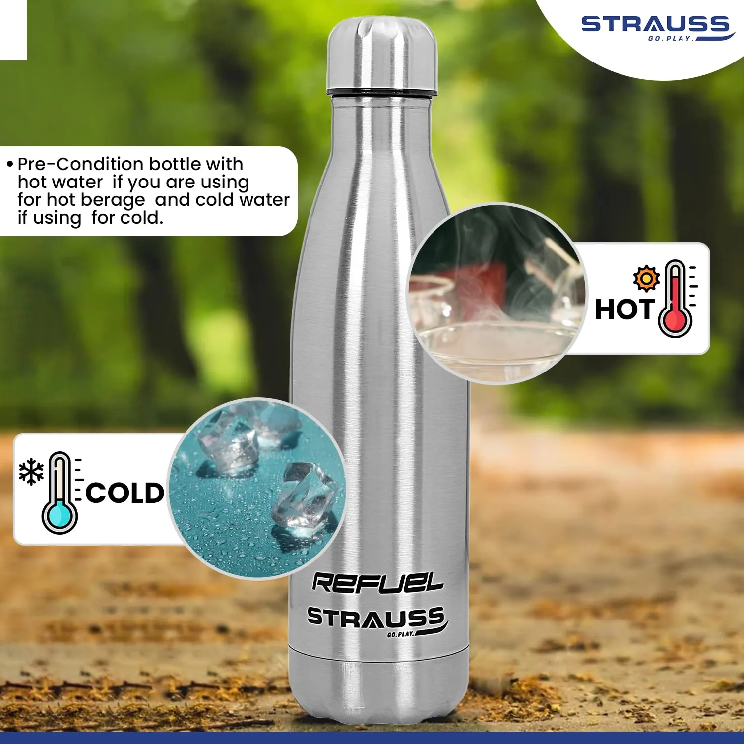 Strauss Refuel Steel Water Bottle | Leak Proof & Rust Free | Ideal for Office, Gym, Sports, Kitchen, Hiking, Trekking & Travel | Vacuum Insulated,(Silver)