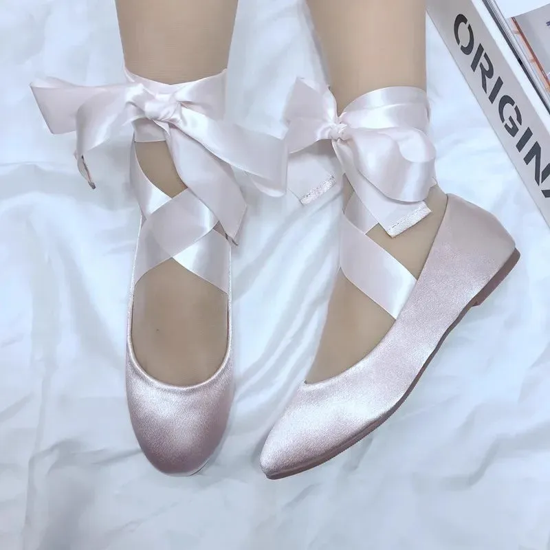 TAIVIMART  -  NEW Ankle Strap Pink Satin Ballet Shoes Silk Lace Up Ballet Shoes Women Round Toe Women Flats Elegant Valentine Shoes