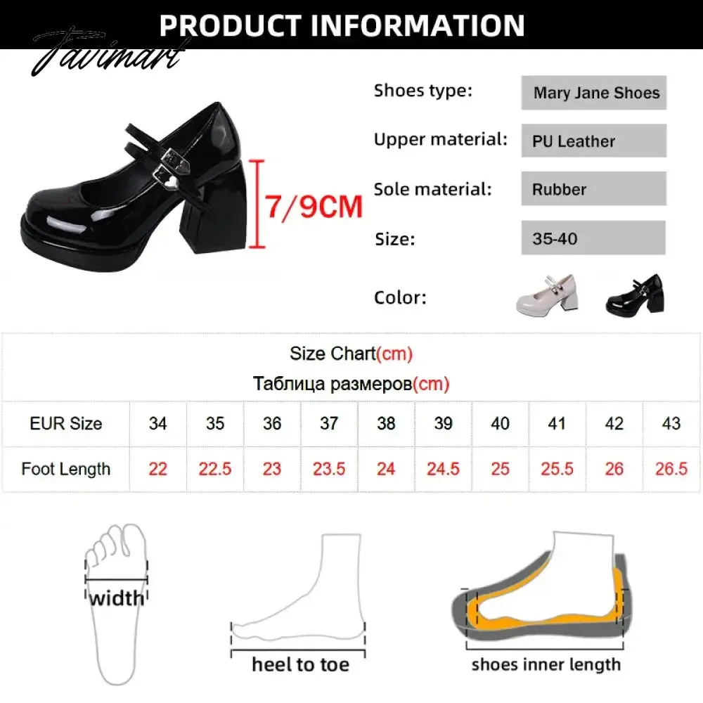 TAVIMART -  Black Patent Leather Thick Heels Pumps Women Heart Buckle Platform Mary Jane Shoes Woman Fashion High Heeled Party Shoes Ladies