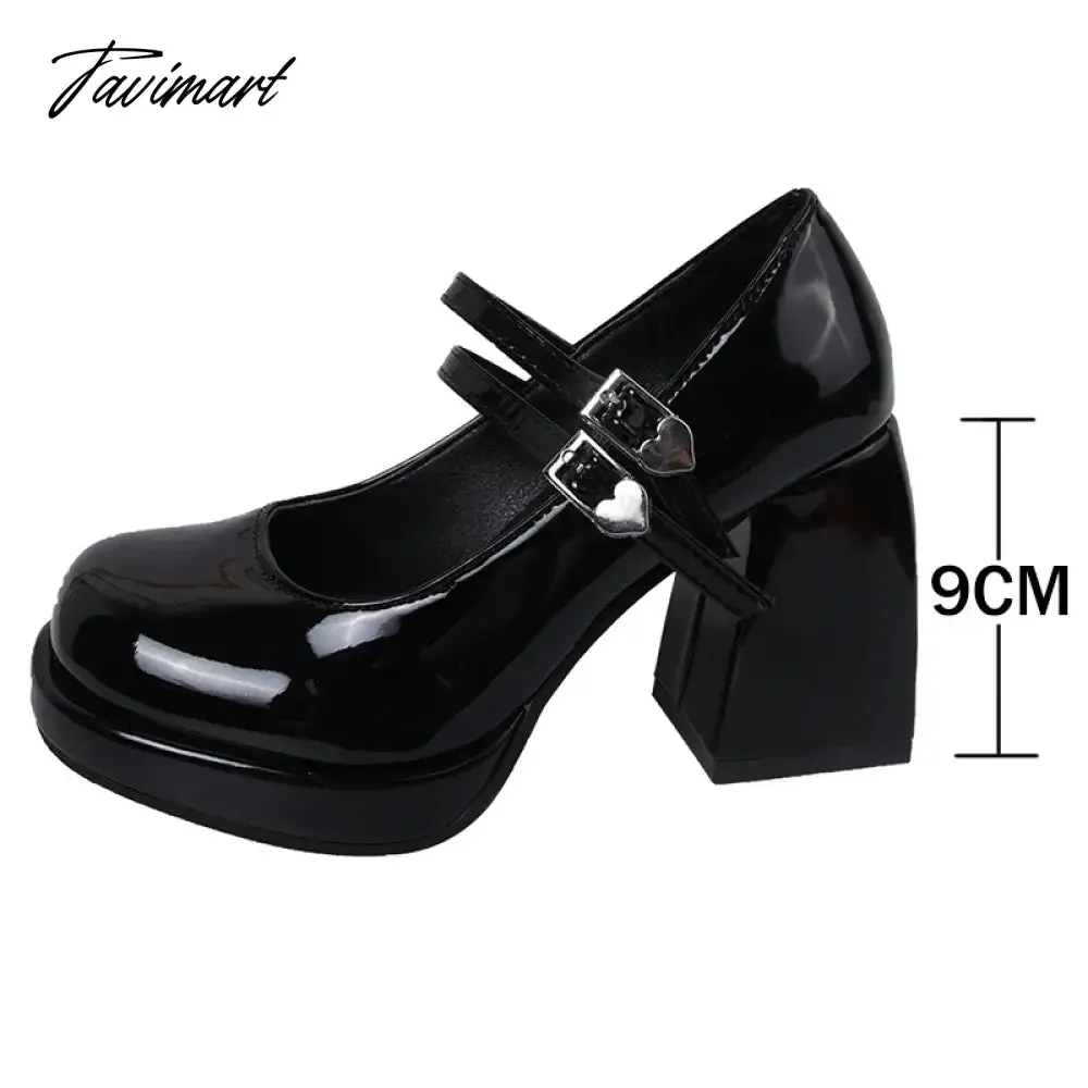 TAVIMART -  Black Patent Leather Thick Heels Pumps Women Heart Buckle Platform Mary Jane Shoes Woman Fashion High Heeled Party Shoes Ladies