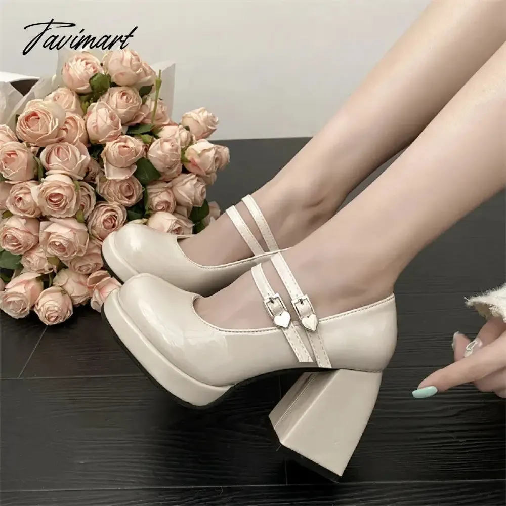 TAVIMART -  Black Patent Leather Thick Heels Pumps Women Heart Buckle Platform Mary Jane Shoes Woman Fashion High Heeled Party Shoes Ladies