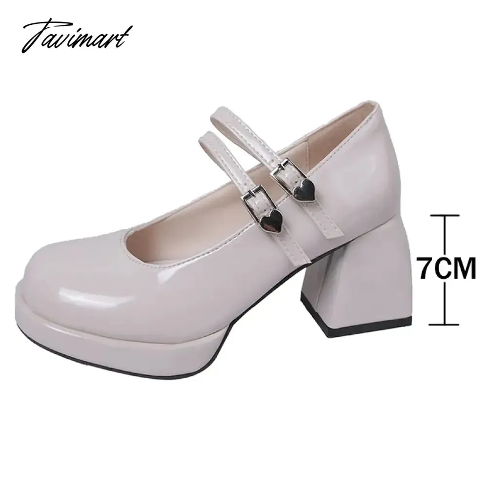 TAVIMART -  Black Patent Leather Thick Heels Pumps Women Heart Buckle Platform Mary Jane Shoes Woman Fashion High Heeled Party Shoes Ladies