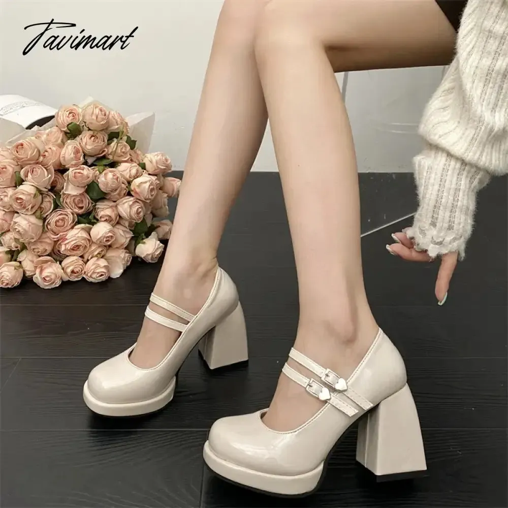 TAVIMART -  Black Patent Leather Thick Heels Pumps Women Heart Buckle Platform Mary Jane Shoes Woman Fashion High Heeled Party Shoes Ladies