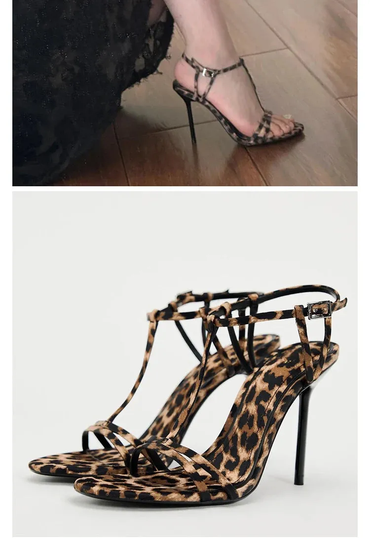 TAVIMART  -  Leopard print high heels, sexy small stature, temperament, thin heels, summer open toe buckle sandals, women's 2024 new model