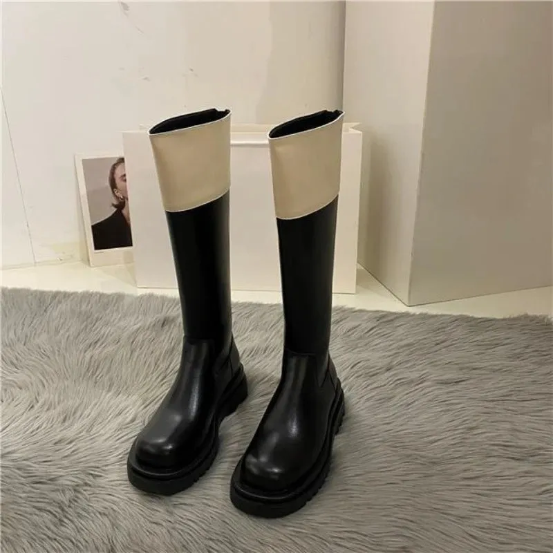 TAVIMART  -  Middle Heel Platform Shoes for Woman Black Footwear Long Winter Knee High Shaft Round Toe Women's Boots Cosplay Pu Spring Autumn