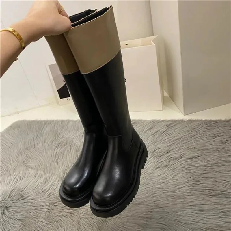 TAVIMART  -  Middle Heel Platform Shoes for Woman Black Footwear Long Winter Knee High Shaft Round Toe Women's Boots Cosplay Pu Spring Autumn