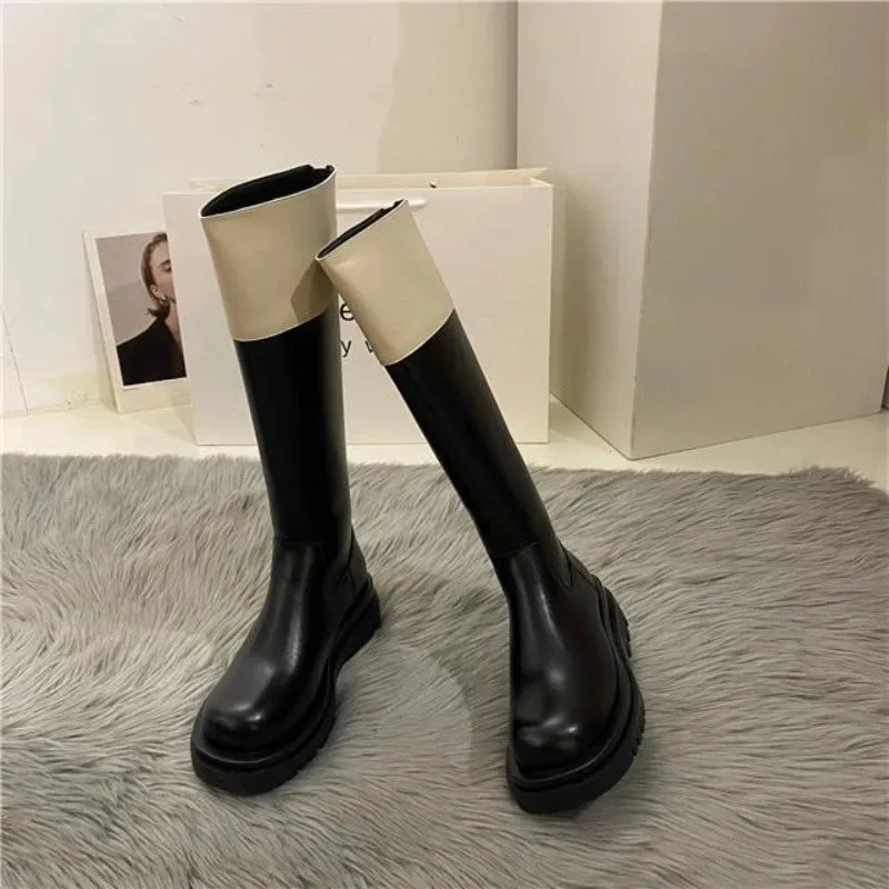 TAVIMART  -  Middle Heel Platform Shoes for Woman Black Footwear Long Winter Knee High Shaft Round Toe Women's Boots Cosplay Pu Spring Autumn