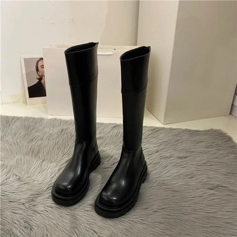 TAVIMART  -  Middle Heel Platform Shoes for Woman Black Footwear Long Winter Knee High Shaft Round Toe Women's Boots Cosplay Pu Spring Autumn