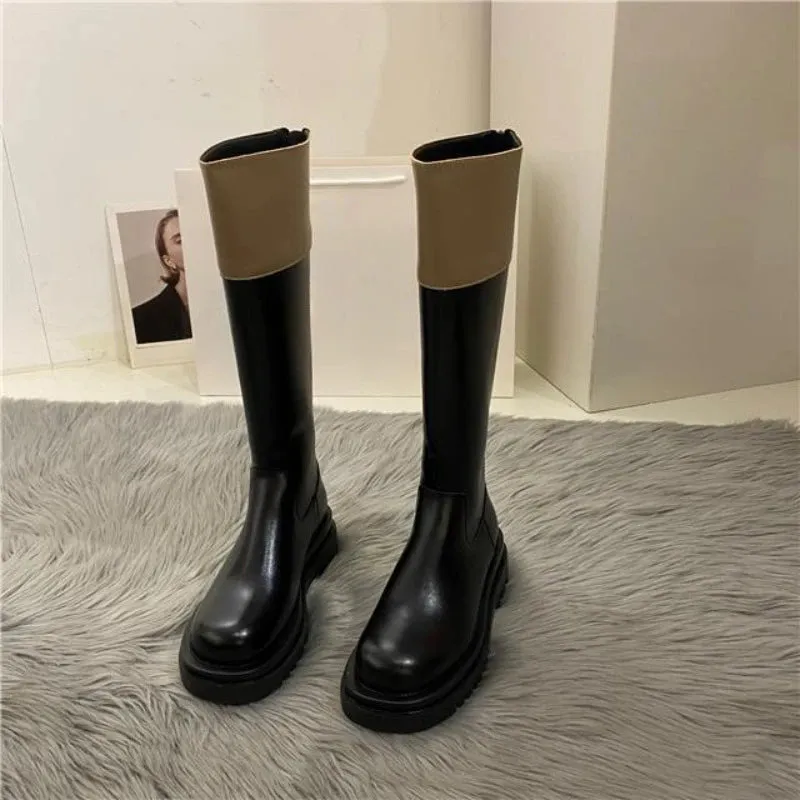 TAVIMART  -  Middle Heel Platform Shoes for Woman Black Footwear Long Winter Knee High Shaft Round Toe Women's Boots Cosplay Pu Spring Autumn