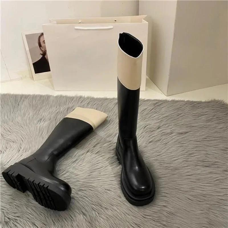 TAVIMART  -  Middle Heel Platform Shoes for Woman Black Footwear Long Winter Knee High Shaft Round Toe Women's Boots Cosplay Pu Spring Autumn