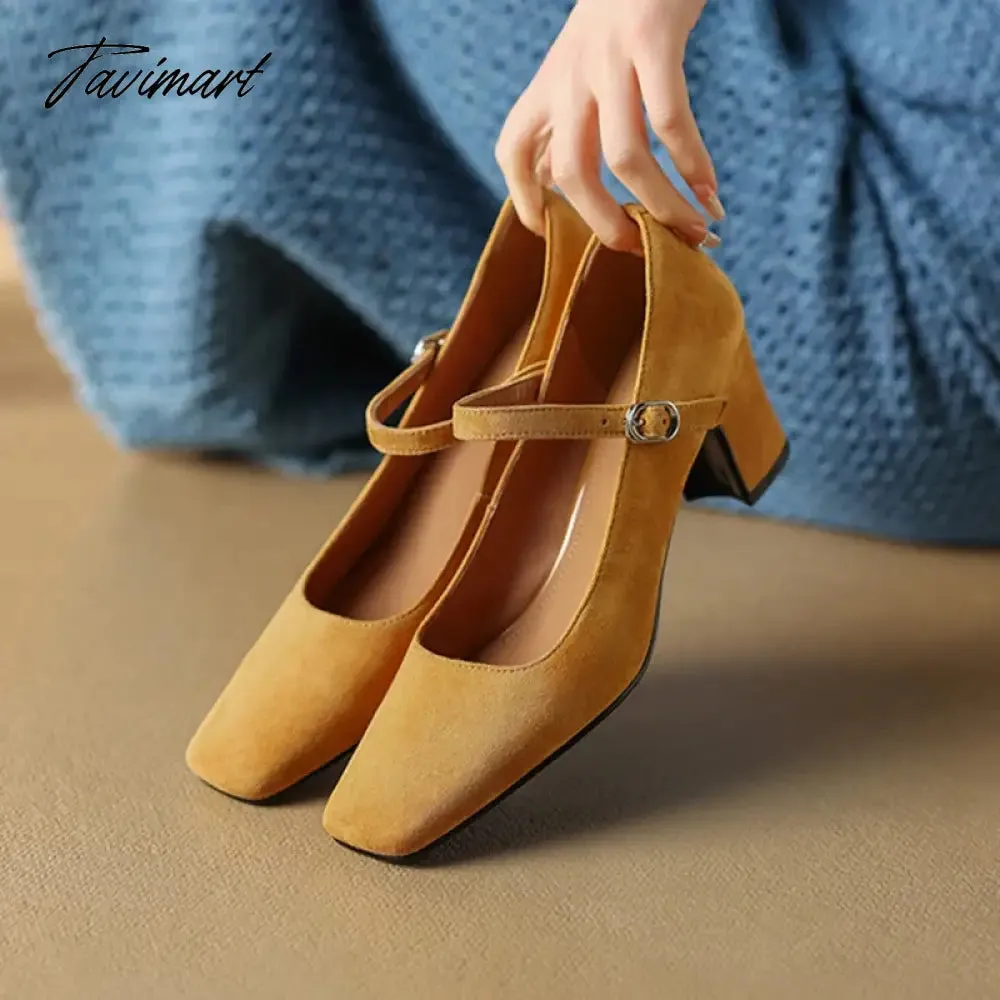 TAVIMART  NEW Spring/Autumn Women Pumps Sheep Suede Leather Shoes for Women Square Toe Chunky Heel Women Shoes Black High Heel Mary Janes