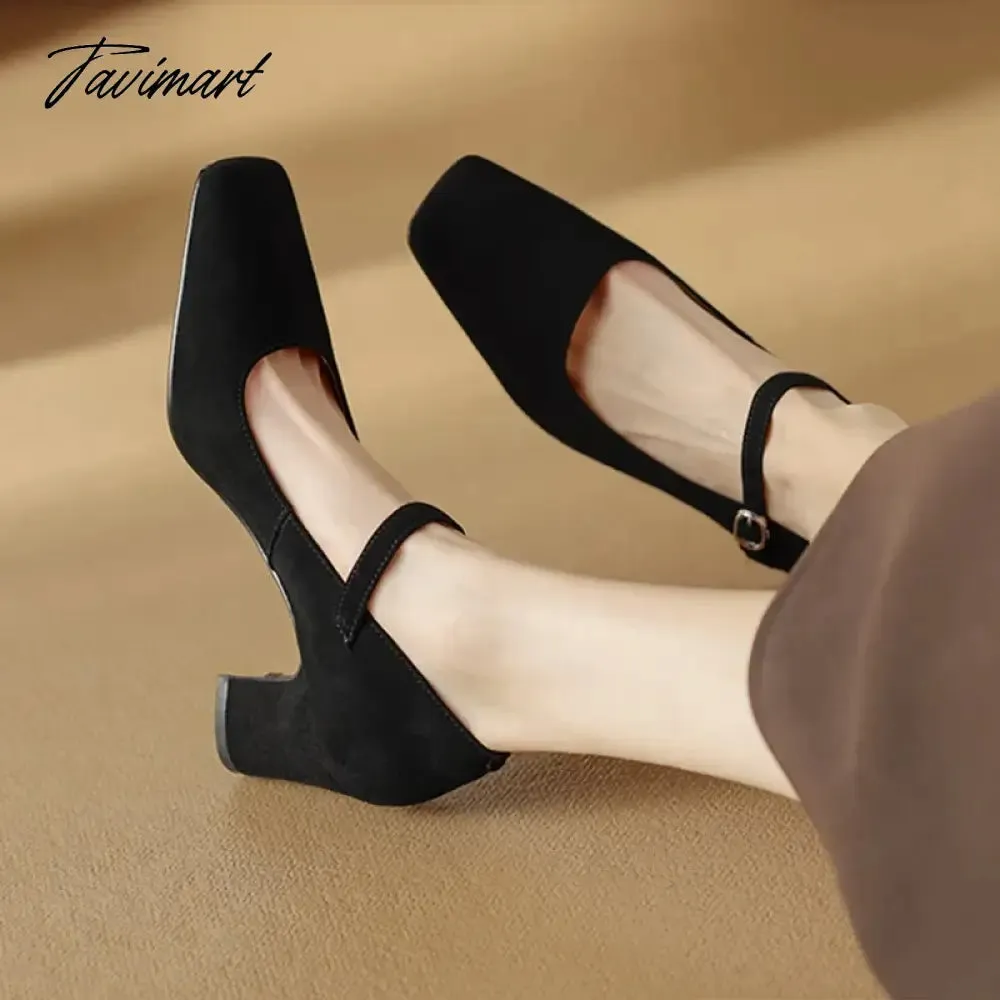 TAVIMART  NEW Spring/Autumn Women Pumps Sheep Suede Leather Shoes for Women Square Toe Chunky Heel Women Shoes Black High Heel Mary Janes