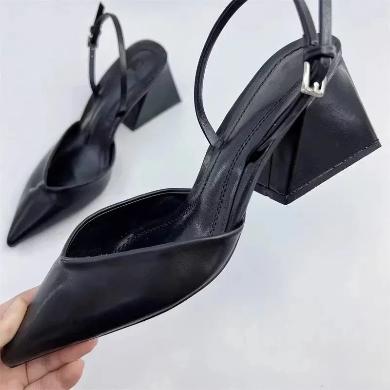 TAVIMART -  Solid Color Sexy Pointed Toe Women Sandals Buckle Strap Fashion Ladies Shoes Hand-made Chunky Heel Outdoors Sandalias De Mujer