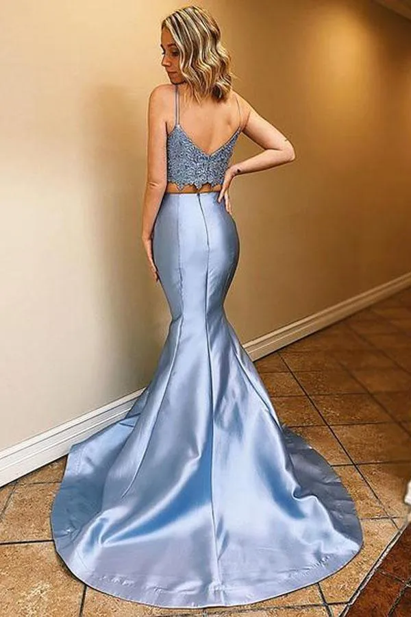 Two Pieces Blue Lace Mermaid Prom Dresses Satin Evening Dresses PSK159