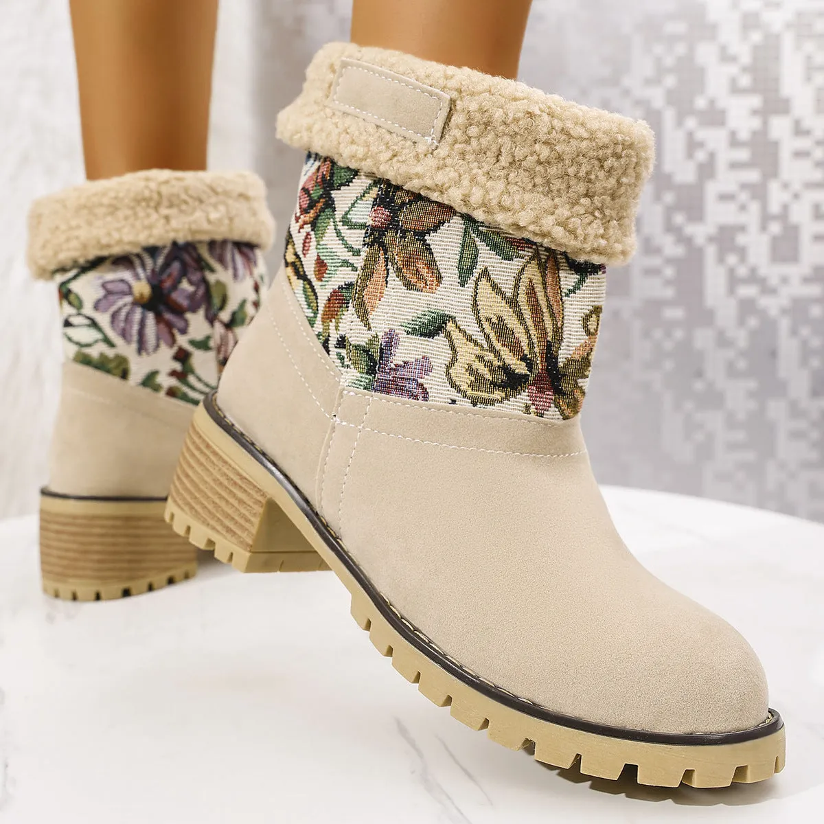 Uniwim Christmas Gifts Flowers Embroidered Snow Boots Ethnic Style Platform Thick Square Heel Mid-tube Boot Winter Warm Cotton Shoes For Women