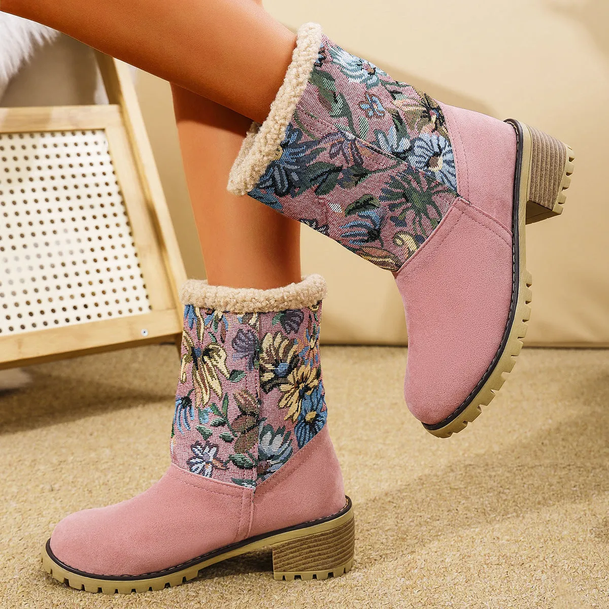 Uniwim Christmas Gifts Flowers Embroidered Snow Boots Ethnic Style Platform Thick Square Heel Mid-tube Boot Winter Warm Cotton Shoes For Women