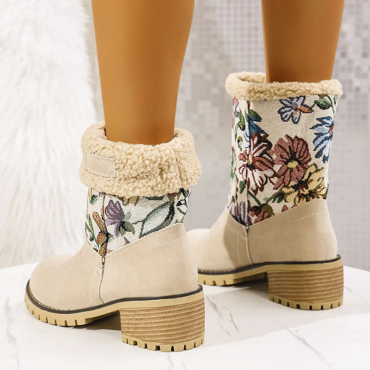 Uniwim Christmas Gifts Flowers Embroidered Snow Boots Ethnic Style Platform Thick Square Heel Mid-tube Boot Winter Warm Cotton Shoes For Women