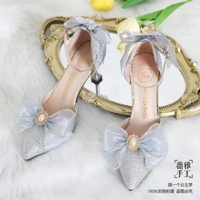 Uniwim French Girl Butterfly Multicolor Lace Bowknot Pearl Sequin Lolita Shoes Pointed Sandals High Heel Victoria Tea Party Cosplay Lol