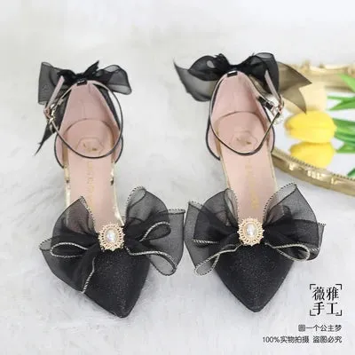 Uniwim French Girl Butterfly Multicolor Lace Bowknot Pearl Sequin Lolita Shoes Pointed Sandals High Heel Victoria Tea Party Cosplay Lol